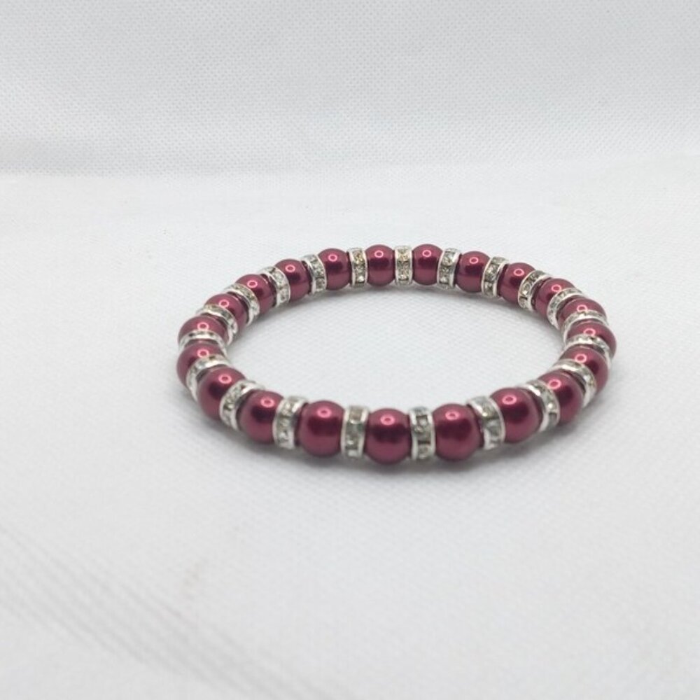 Burgundy Red Glass Pearl With Diamante Rondelle Bead Stretch Bracelet